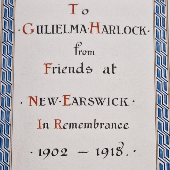 Photo Album dedication: (New Earswick) Photograph Album Presented to Guiliemia Harlock from friends at New Earswick in remembrance, 1902-1918
