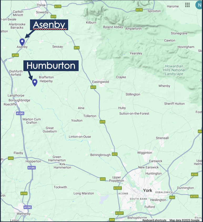 Asenby and Humburton in relation to York – Google Maps 8th May 2025