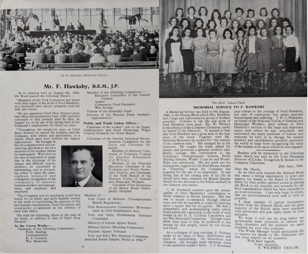 Hawksby’s memorial in the Cocoa Works Magazine Autumn 1946
