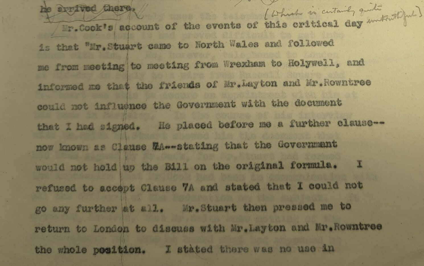 Excerpt from final draft of a report by W.T. Layton on the Rowntree led attempted mediation of the coal dispute in July 1926.